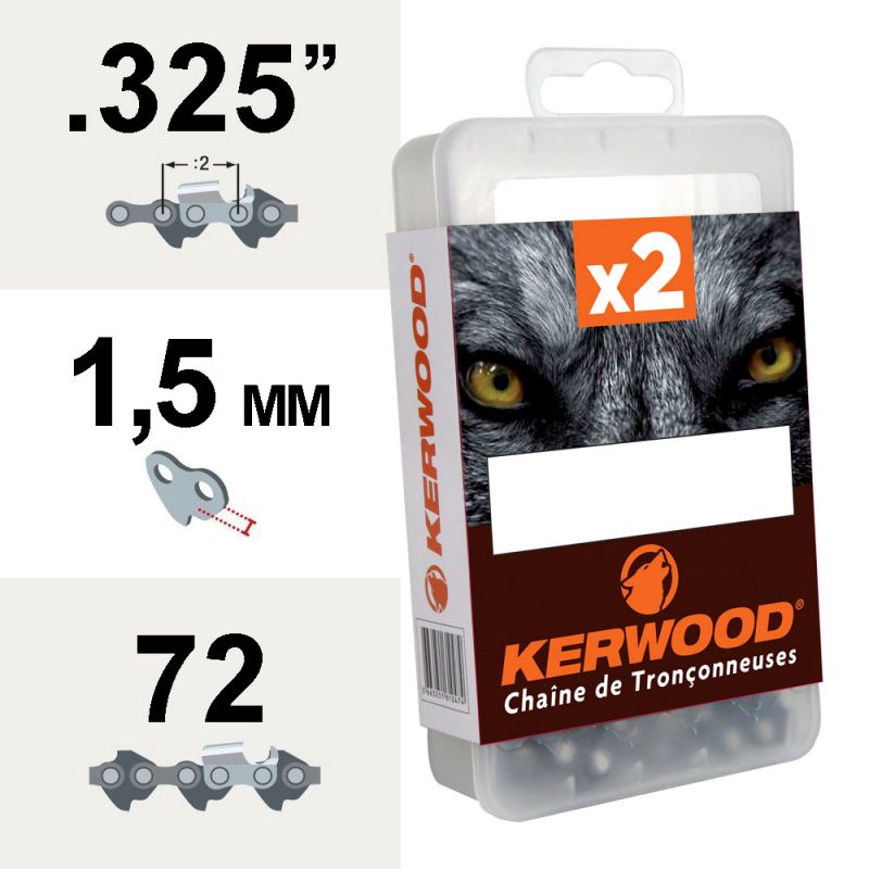 Chaîne tronçonneuse Kerwood 72 maillons .325" 1,5mm semi carrée blister de 2