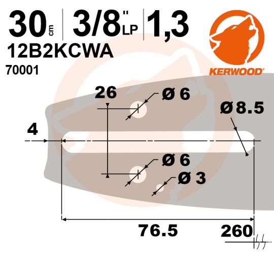 Guide tronçonneuse Kerwood. 30 cm. 3/8"LP. 1,3 mm. 12B2KCWA