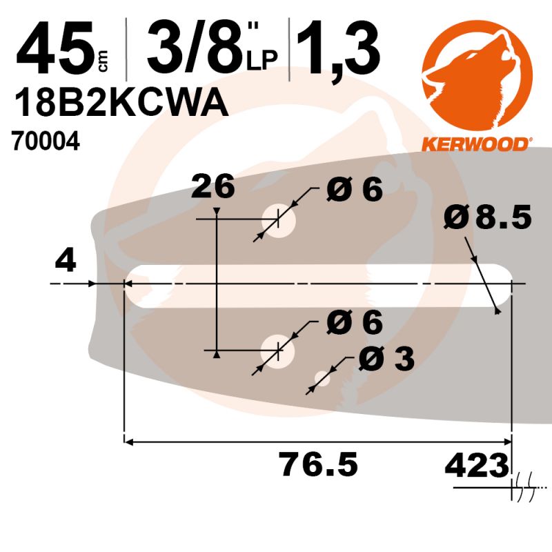 Guide tronçonneuse Kerwood. 45 cm. 3/8LP. 1,3 mm. 18B2KCWA