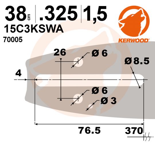 Guide tronçonneuse Kerwood. 38 cm. 0,325". 1,5 mm. 15C3KSWA