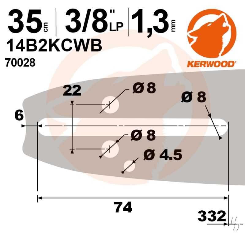 Guide tronçonneuse Kerwood. 35 cm. 3/8"LP. 1,3 mm. 14B2KCWB