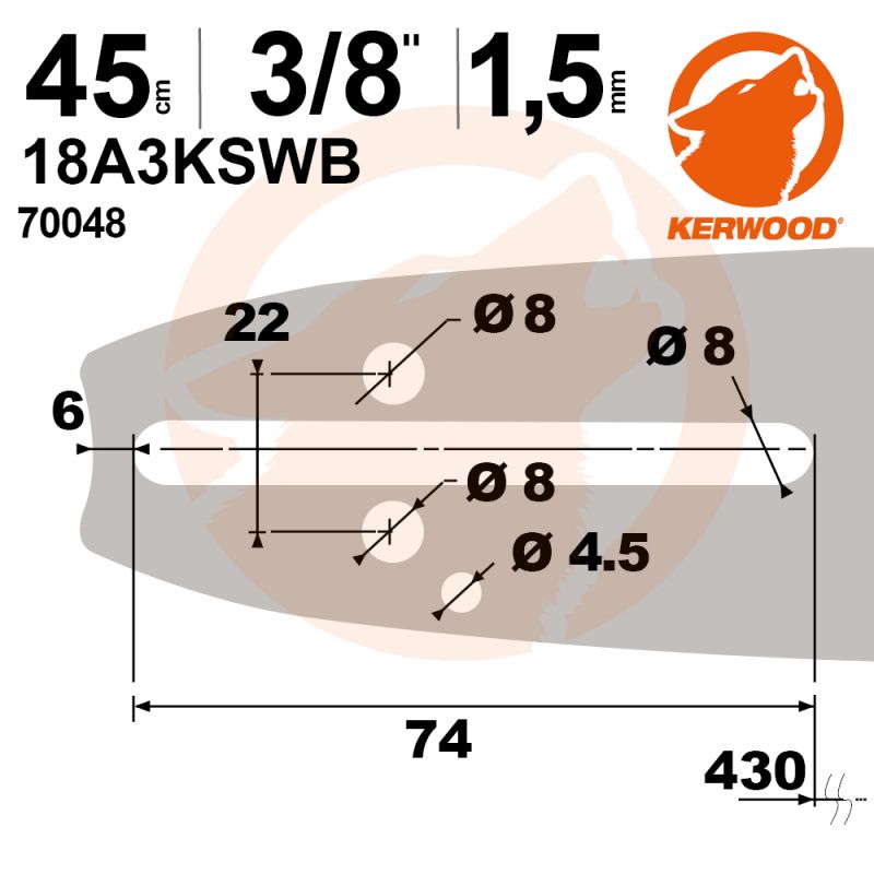 Guide tronçonneuse Kerwood. 45 cm, 3/8". 1,5 mm. 18A3KSWB