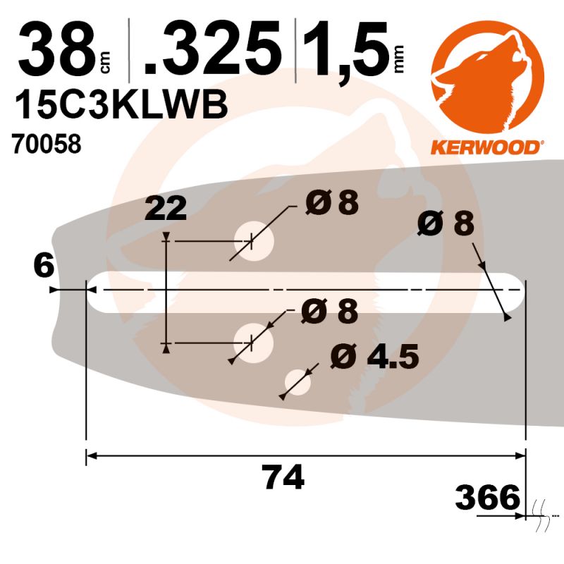 Guide tronçonneuse Kerwood. 38 cm, 0,325". 1,5 mm. 15C3KLWB
