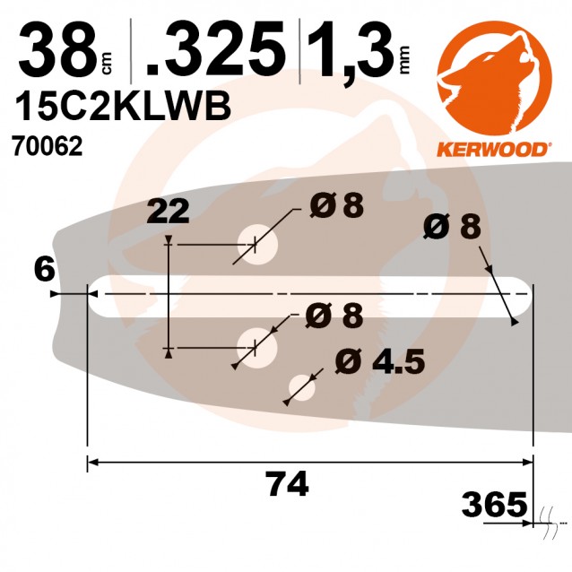 Guide tronçonneuse Kerwood. 38 cm, 0,325". 1,3 mm. 15C2KLWB