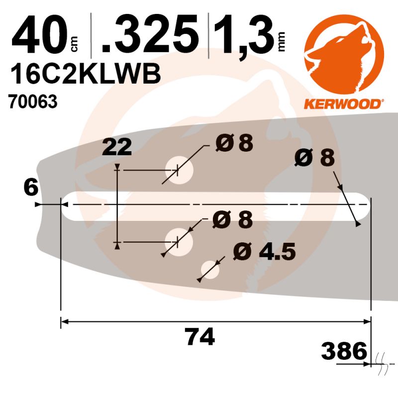 Guide tronçonneuse Kerwood. 40 cm, 0,325". 1,3 mm. 16C2KLWB