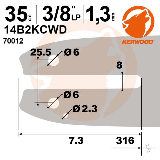 Guide tronçonneuse Kerwood. 35 cm. 3/8"LP. 1,3 mm. 14B2KCWD