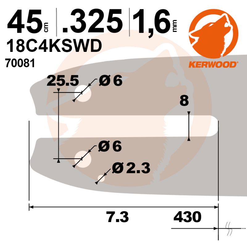 Guide tronçonneuse Kerwood. 45 cm. 0,325. 1,6 mm. 18C4KSWD