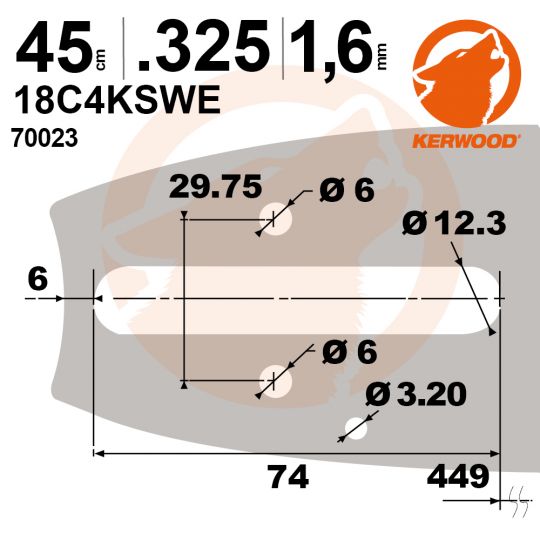 Guide tronçonneuse Kerwood. 45cm, 0,325".1,6 mm. 18C4KSWE