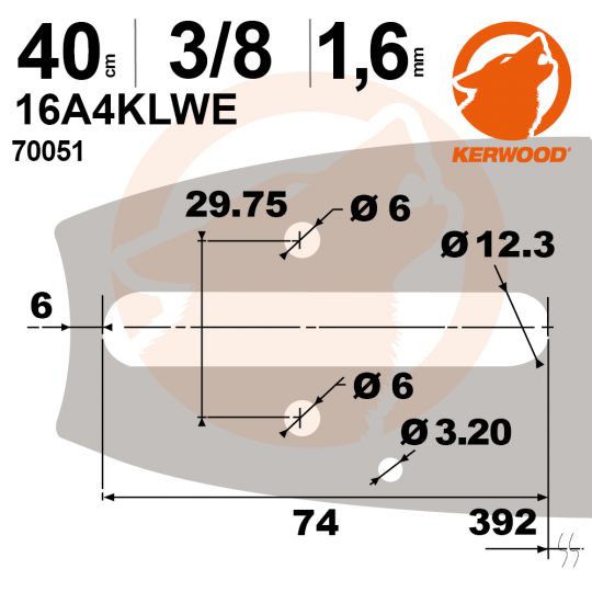 Guide tronçonneuse Kerwood. 40cm, 3/8".1,6 mm. 16A4KLWE