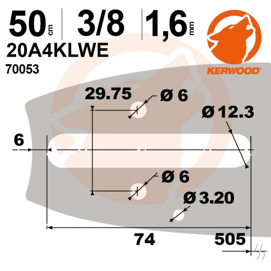 Guide tronçonneuse Kerwood. 50cm. 3/8". 1,6 mm. 20A4KLWE