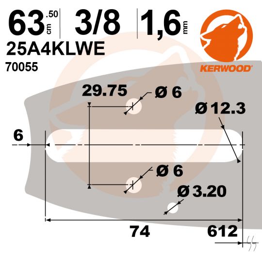 Guide tronçonneuse Kerwood. 63,50 cm, 3/8". 1,6 mm. 25A4KLWE