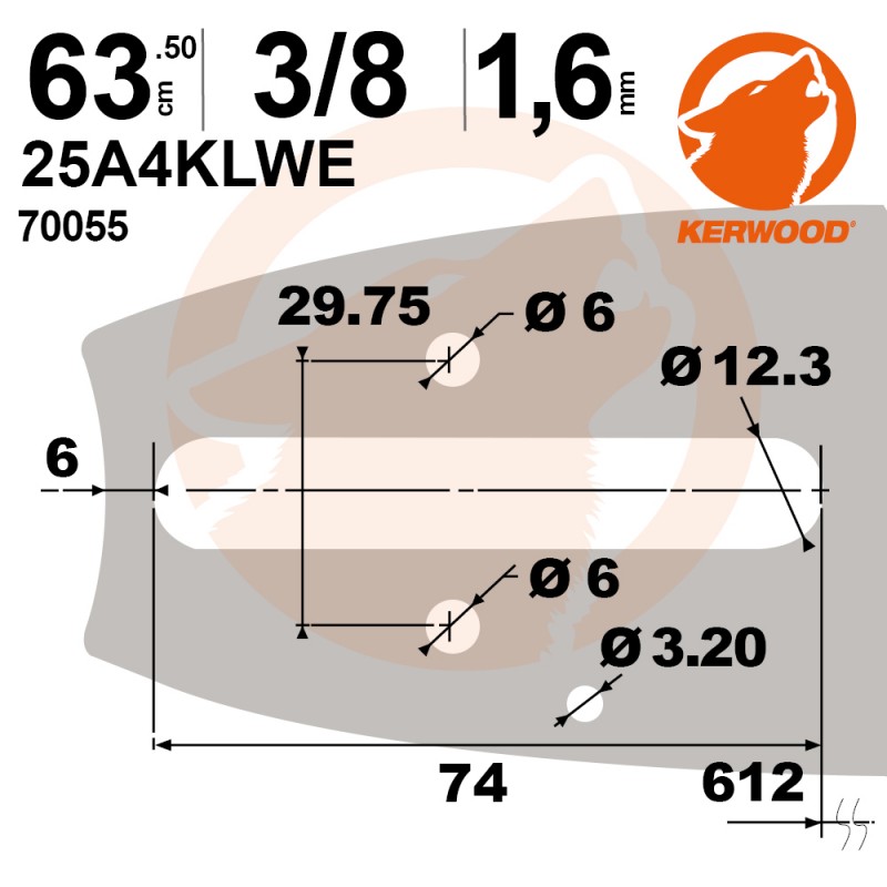 Guide tronçonneuse Kerwood. 63,50 cm, 3/8". 1,6 mm. 25A4KLWE