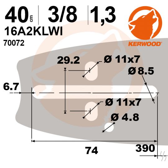 Guide tronçonneuse Kerwood. 40 cm. 3/8". 1,3 mm. 16A2KLWI