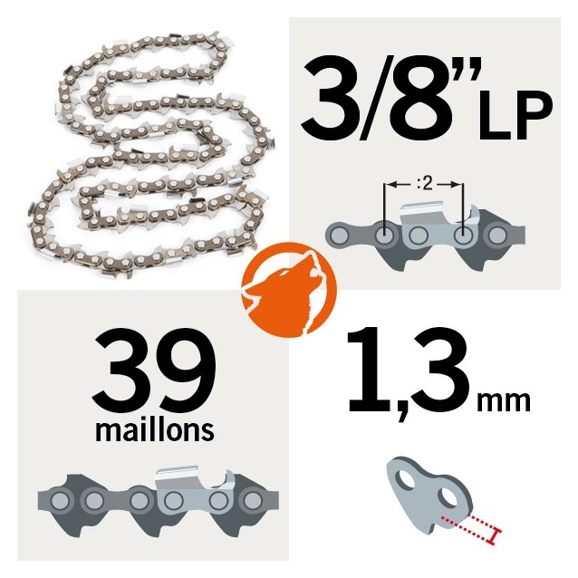 Chaîne tronçonneuse KERWOOD 39 maillons 3/8"LP, 1,3mm, modèle semi carrée