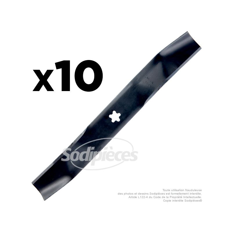 10 Lames tondeuse 46 cm. Al. étoilé 5 pointes. Pour AYP/Roper, Bernard loisirs, Husqvarna, Jonsered