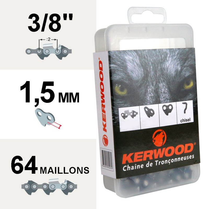 Chaîne tronçonneuse KERWOOD 64 maillons, 3/8", 1,5mm, profil carré