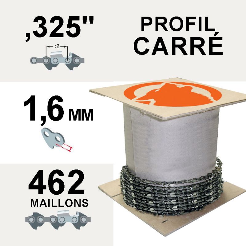 Chaîne tronçonneuse KERWOOD 25 pieds, 0,325", 1,6mm, profil carré