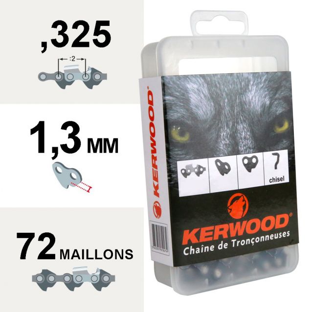 Chaîne tronçonneuse KERWOOD 72 maillons, 0,325", 1,3mm, profil carré