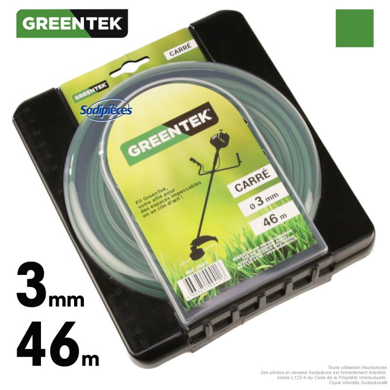Fil débroussailleuse carré sous blister. 3 mm x 46 m. Greentek
