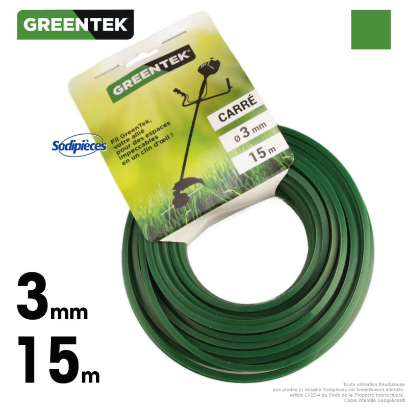 Fil débroussailleuse carré. 3 mm x 15 m. Greentek