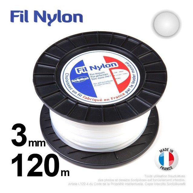 Fil débroussailleuse nylon rond. 3 mm x 120 m. Bobine. Blanc