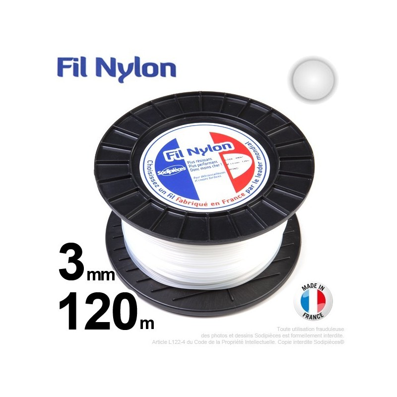 Fil débroussailleuse nylon rond. 3 mm x 120 m. Bobine. Blanc