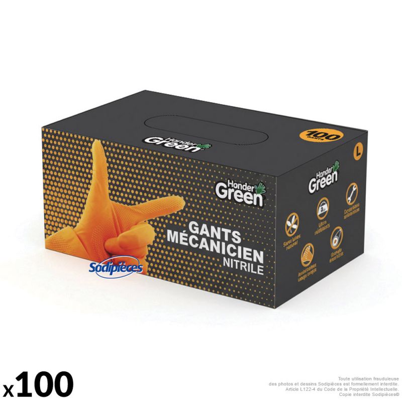 Gants mécanicien nitrile orange L – Boîte de 100 – Hander Green