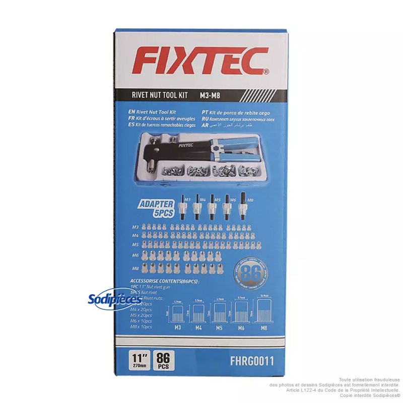 Pince à rivets filetés 11" avec mandrins M3 à M8 - Coffret 86 pièces - Fixtec