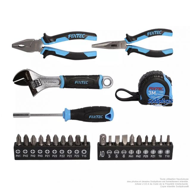 Coffret d’outils à main - 25 pièces - pince universelle, pince à bec long, clé à molette, manche de tournevis - Fixtec