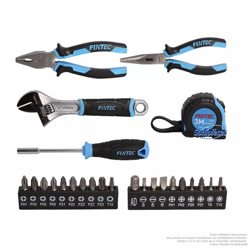 Coffret d’outils à main - 25 pièces - pince universelle, pince à bec long, clé à molette, manche de tournevis - Fixtec