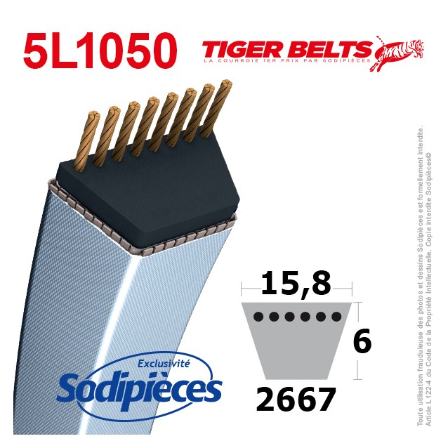 Courroie tondeuse 5L1050 Tiger Belts. 15,8 mm x 2667 m
